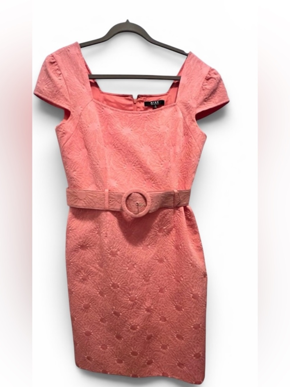 Alex Marie Coral Pink Textured Belted Sheath Midi Dress